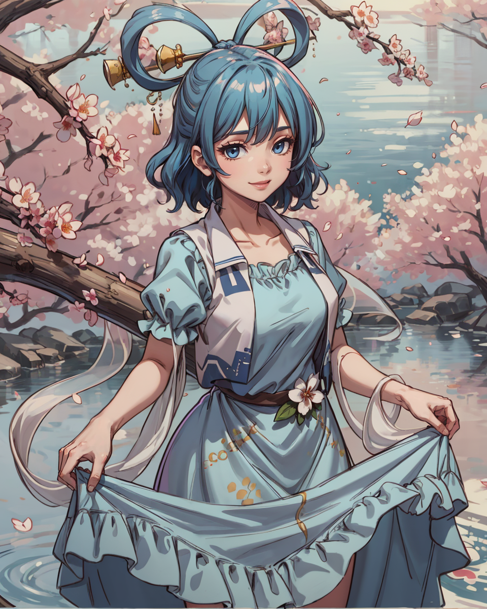00803-38060447-_lora_KakuSeiga_1_, 1girl, kaku seiga, solo, (blue hair_1.2), hair ornament, blue eyes, (shawl_1.2), dress, hair stick, flower,.png